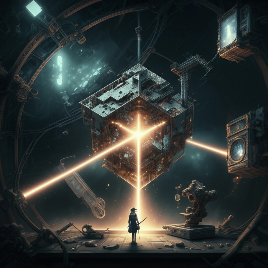Microscopist peers into a crystal cube, viewing refracted light