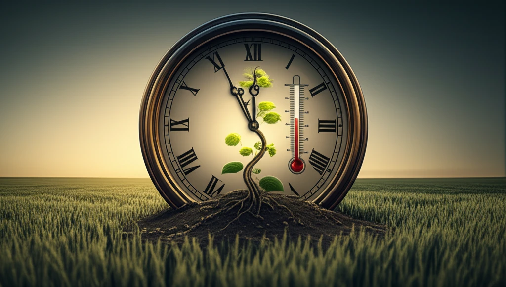 Plant growing through a clock symbolizing thermal time.