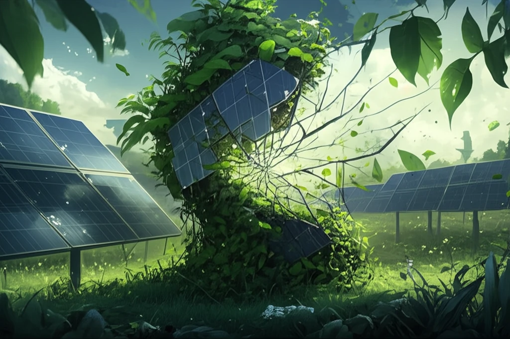 Symbolic illustration of solar panels transforming into foliage, representing sustainable renewable energy.