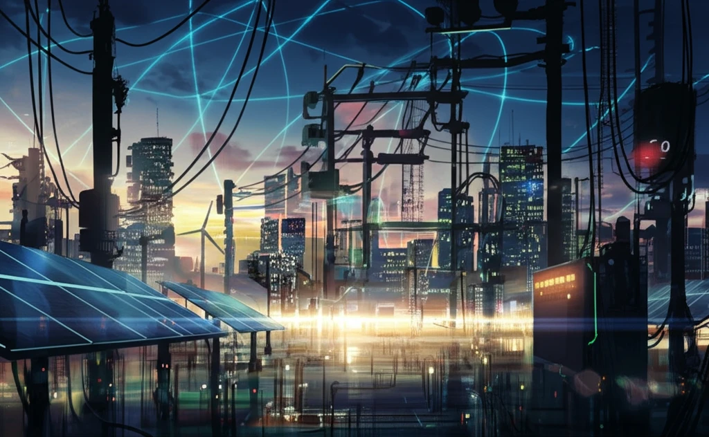 Futuristic cityscape powered by renewable energy and advanced power electronics.