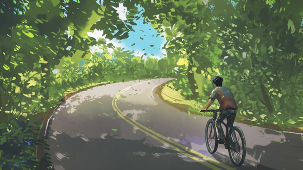 Electric bike traveling down sun dappled road.