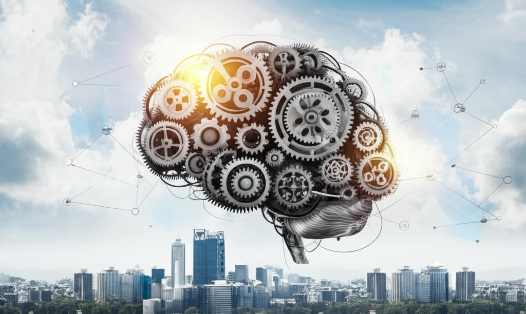 Interconnected gears forming a human brain, representing sociological study.
