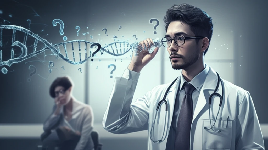 A doctor looking puzzled at a DNA strand unraveling into question marks, with a concerned patient in the background.