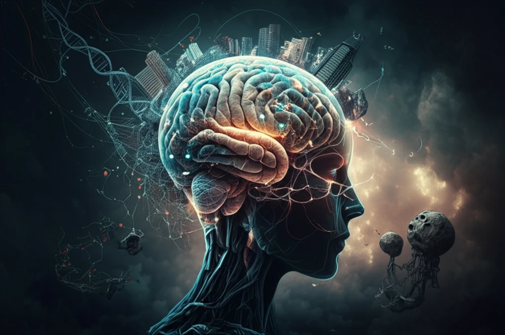 Surreal illustration of a brain interwoven with genetic code and environmental elements symbolizing juvenile delinquency.
