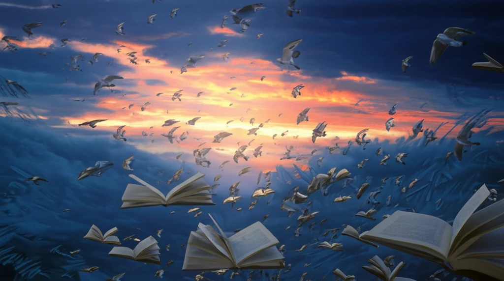 Books transforming into birds, symbolizing open access to knowledge.