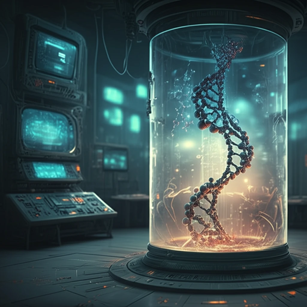 Molecules forming a DNA strand in a futuristic lab.