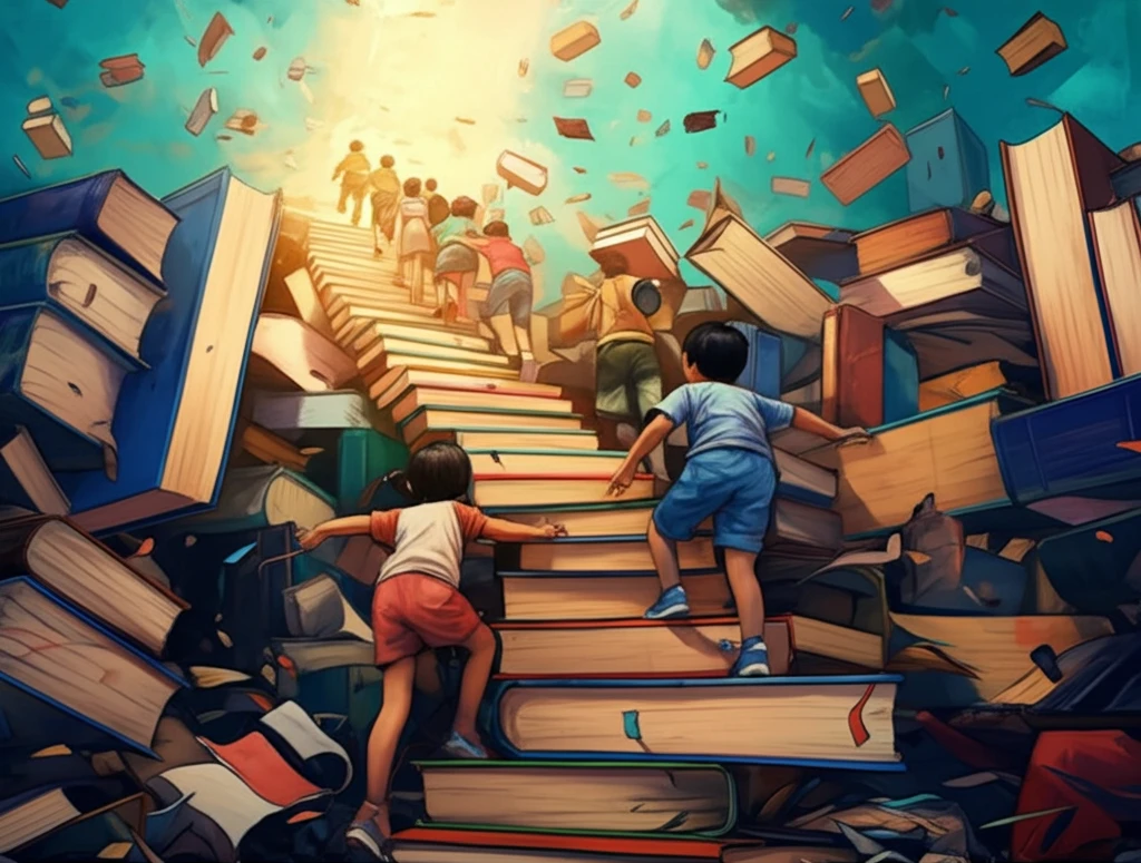 Diverse children climbing a staircase of books towards educational opportunity in Latin America.