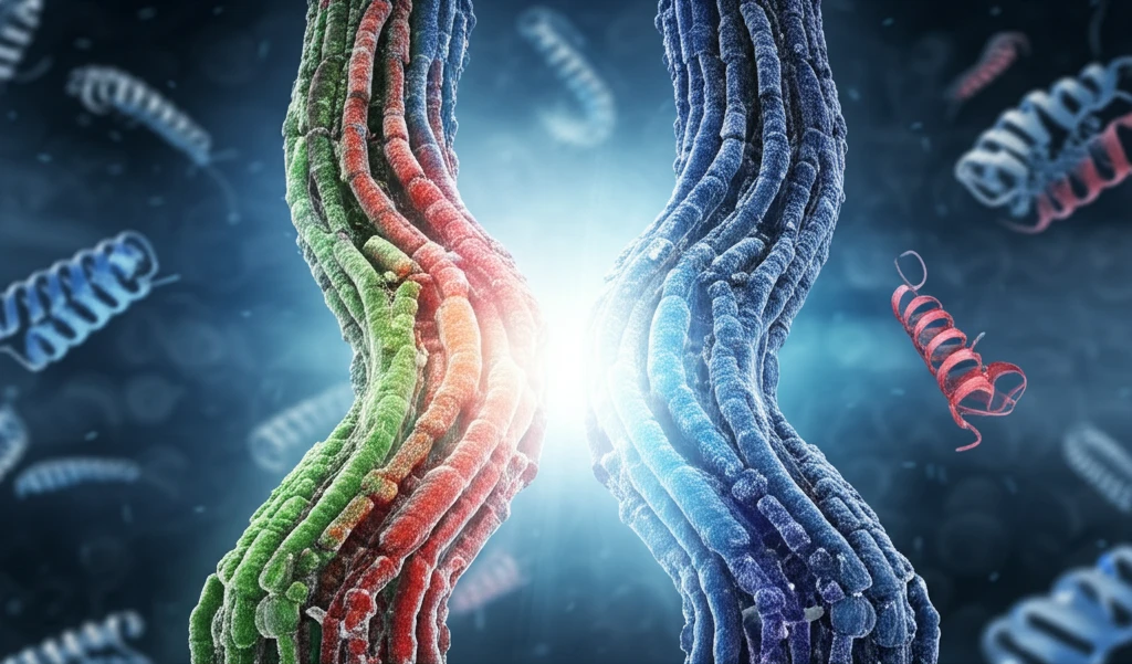 Surreal illustration of HILIC and HPRP chromatography columns leading to a mass spectrometer, representing advanced proteomic analysis.