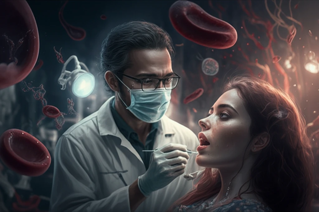 Dentist examining patient with blood vessels and anticoagulant medications in background.