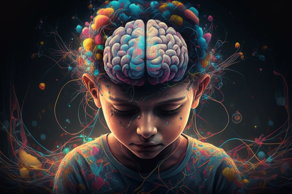 Symbolic illustration of a child's brain with interwoven threads representing different aspects of well-being.