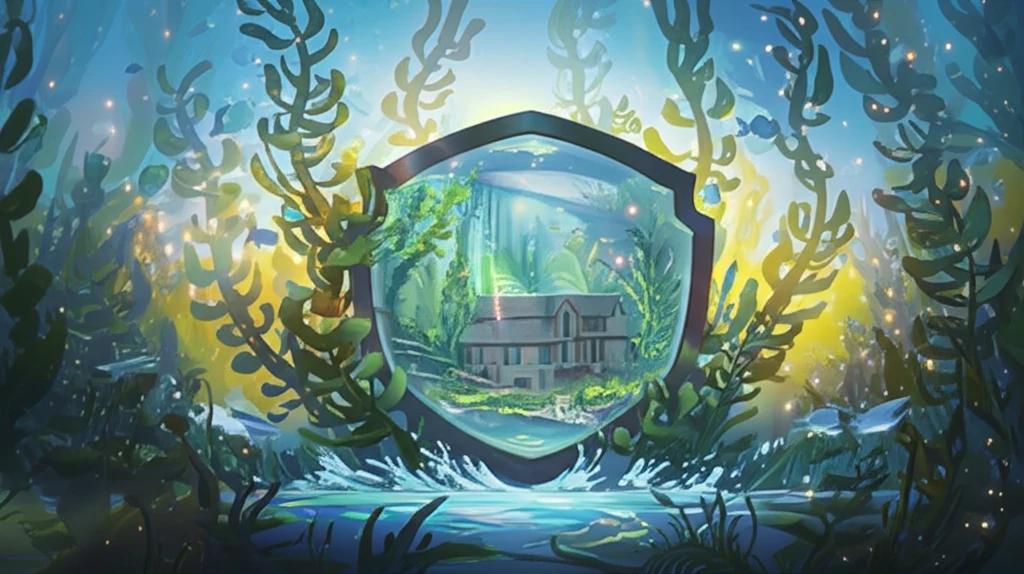 Seaweed transforming into a protective shield around a house, symbolizing fire safety.