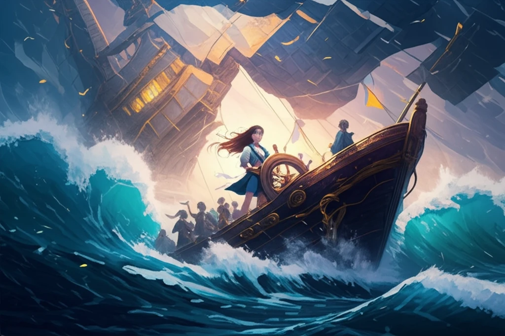 A confident woman navigates a ship through stormy seas.
