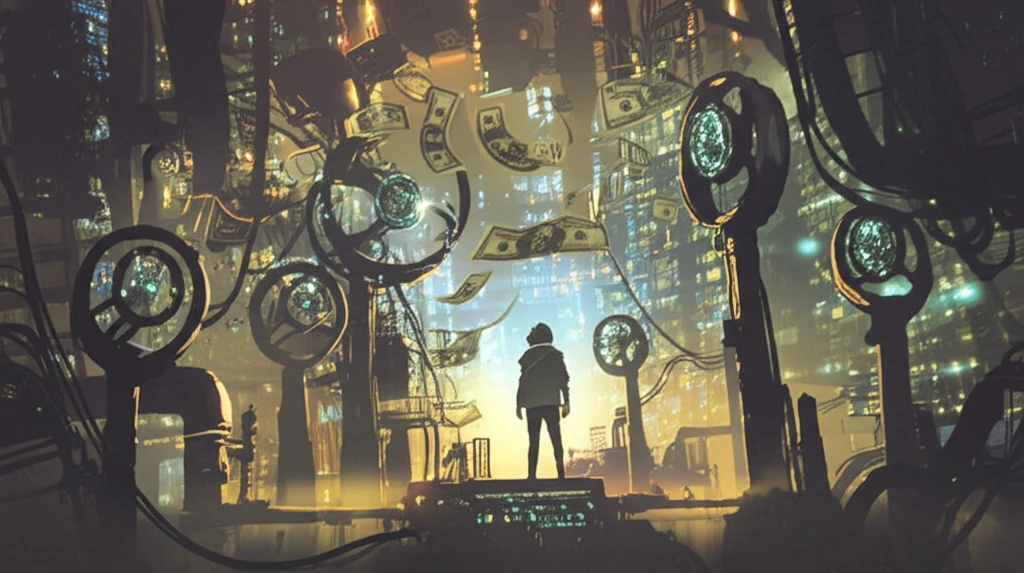 Shadowy figure manipulating glowing levers to control the flow of money.