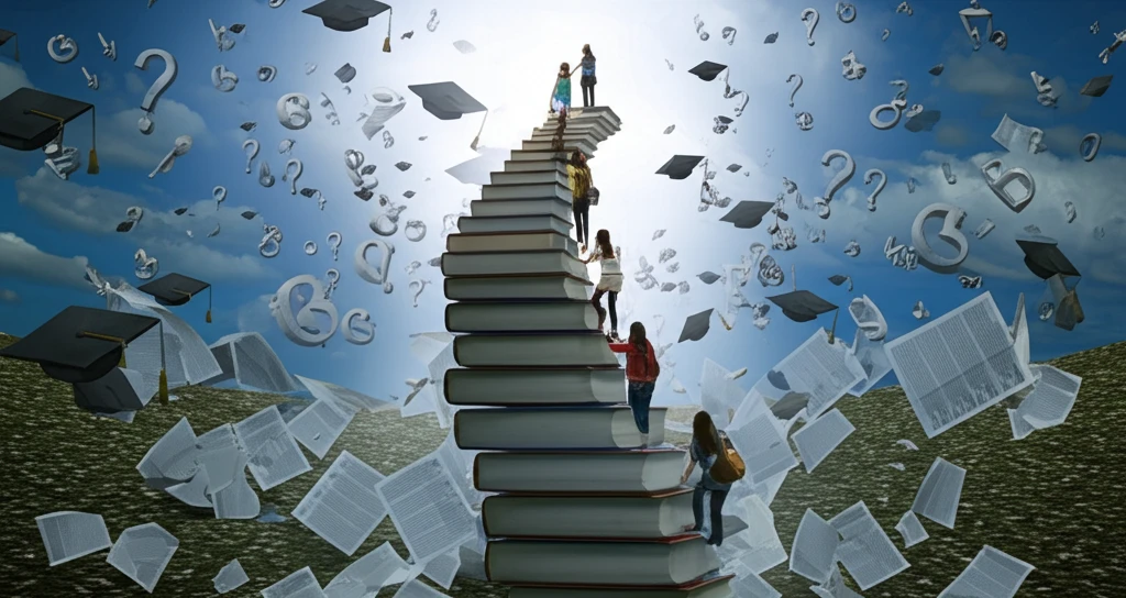 Students climbing a staircase of books towards a brighter future, leaving behind standardized tests.