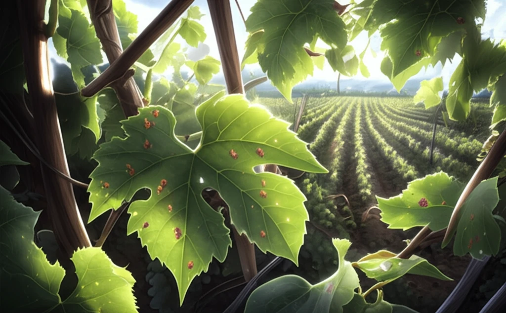 Grape leaves showing signs of rust mite damage in a vineyard.