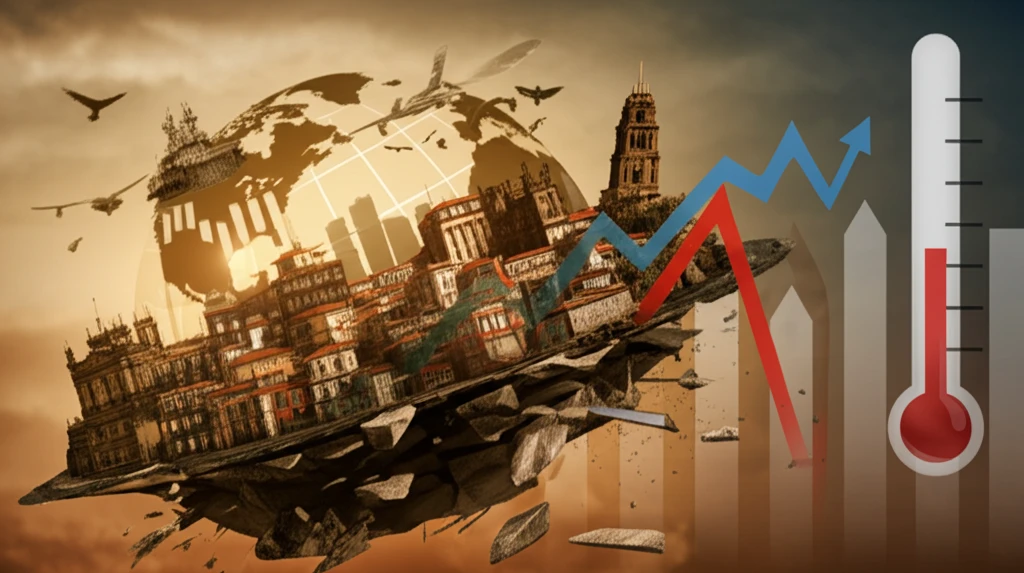 Composite of Lisbon, Oporto, and Coimbra cityscapes with rising temperature lines, symbolizing regional climate change.