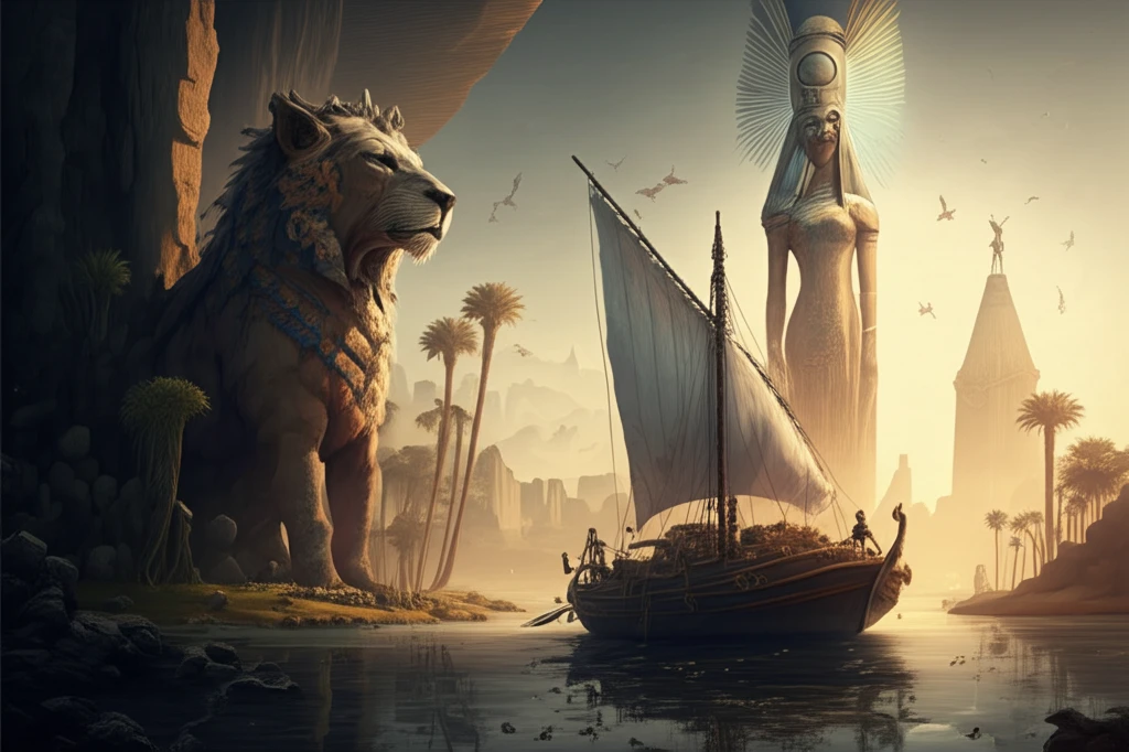 Ancient Egyptian trading ship on the Nile River, pyramids in background.