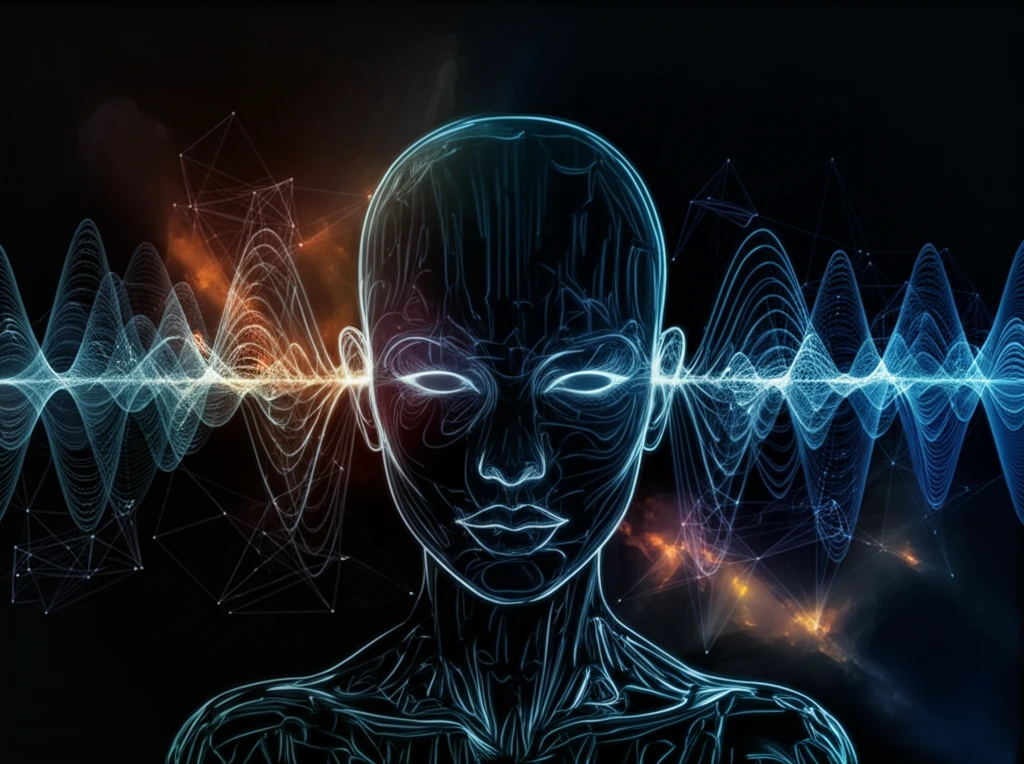 Sound waves transforming into a human face with a neural network background