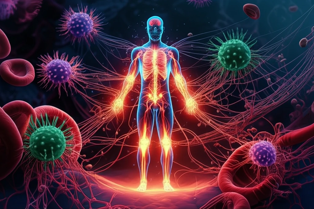 Surreal illustration of inflamed joints and bacterial toxins symbolizing the link between TSS and RS3PE.