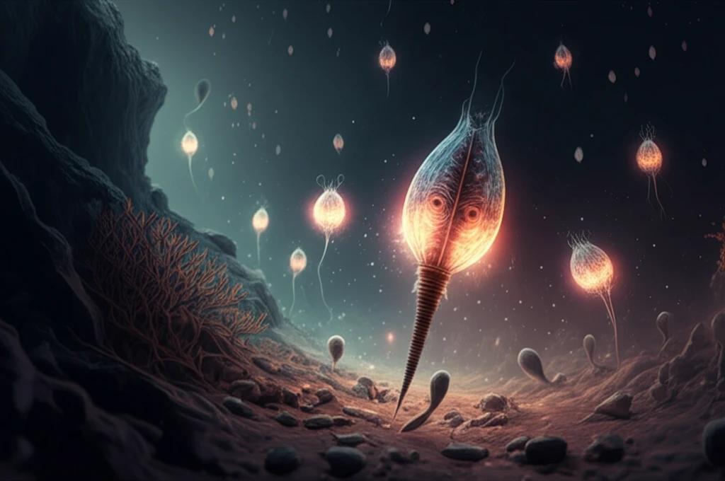 Microscopic Tarimspira fossils glowing in ancient Cambrian seas, symbolizing early vertebrate evolution.