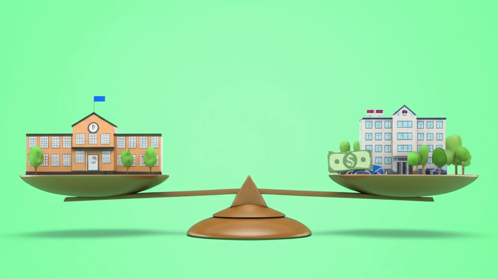 Balanced scale representing responsible public finance with money and community infrastructure.