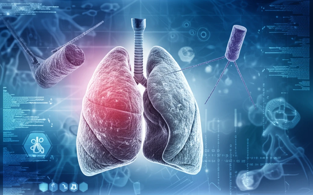 Surreal illustration of lungs and a D-dimer molecule, symbolizing precision in pulmonary embolism diagnosis.