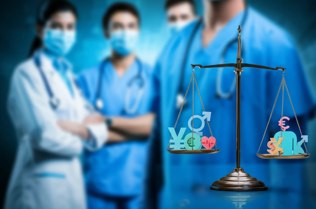 Illustration of a balanced scale representing wage fairness in cardiology.