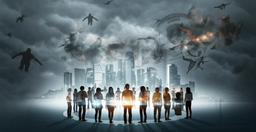 Community resilience against terrorism, diverse group protecting city skyline