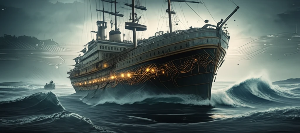 Ship navigating stormy seas with autopilot system circuit patterns.