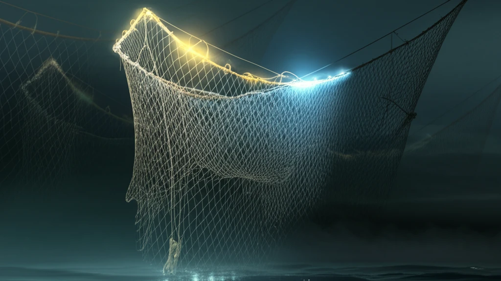A surreal fishing net with illuminated knots representing key industries in LCA.