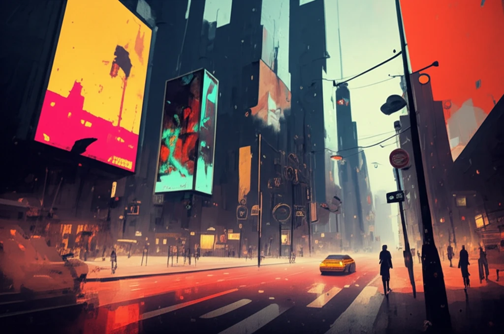 Surreal street scene showcasing guerrilla marketing installations.