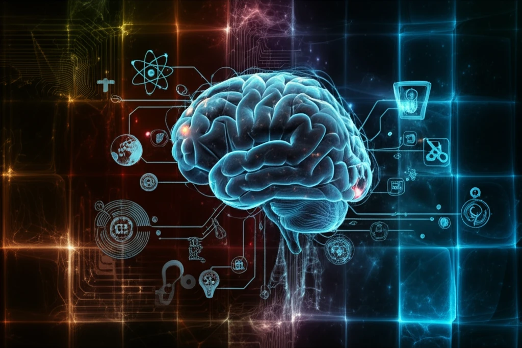Interconnected symbols of science, technology, art, and religion within a brain, set against a cosmic background.