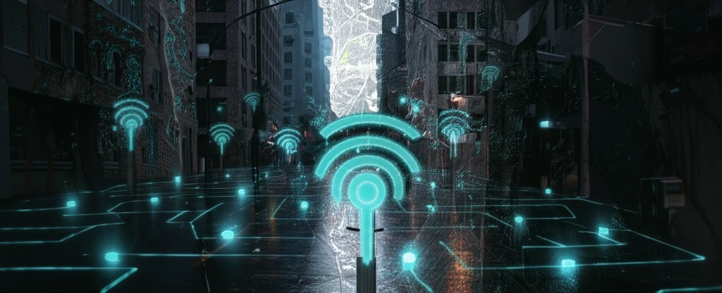 Illustration of a quiet city street with sensors and a noise map visualization.