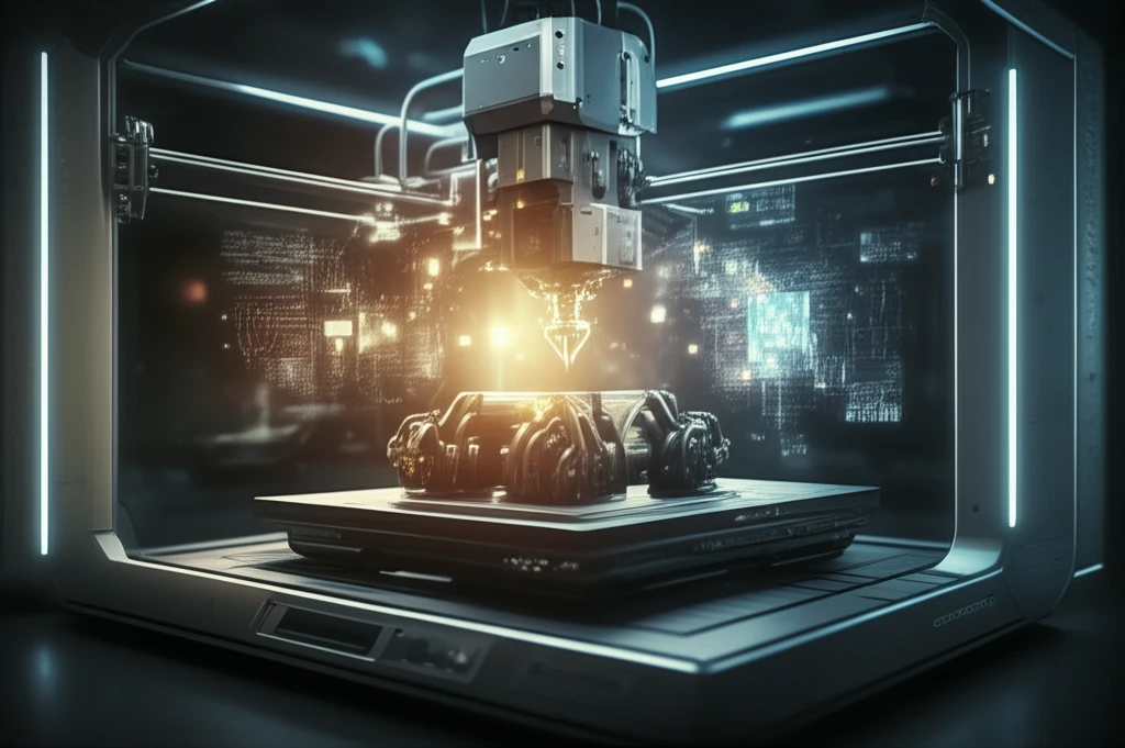 Futuristic 3D printer with glowing code symbolizing AI precision.