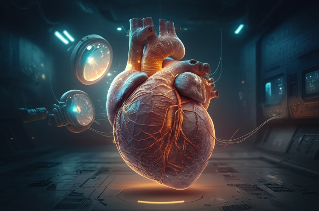 Digital heart model composed of geometric mesh, glowing in a medical lab