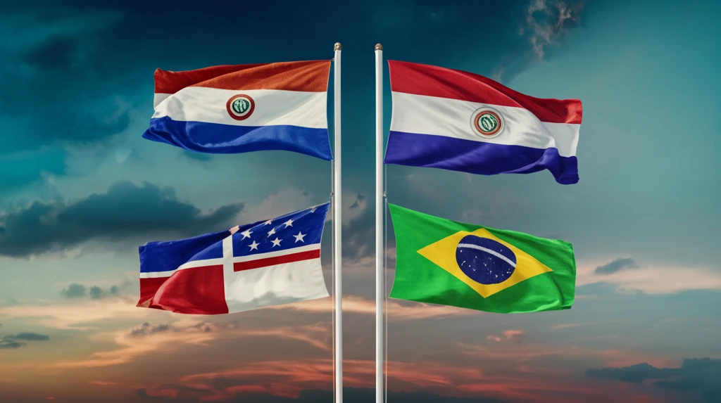 Surreal illustration of intertwined flags representing conflicting historical narratives.