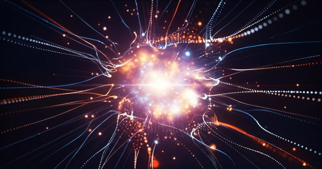 Glowing particles swarm around a central point, representing the optimal solution in Particle Swarm Optimization.