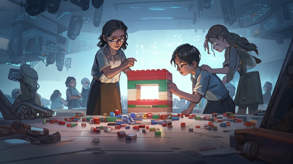 Students collaboratively build with Lego bricks in a futuristic classroom, representing agile education and lean learning.
