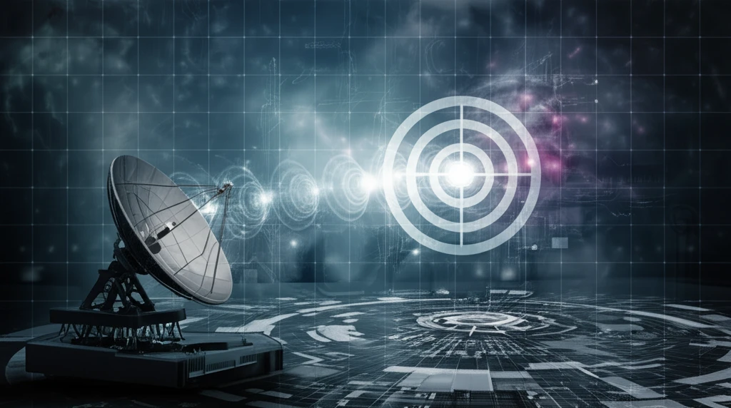 Futuristic radar system emitting terahertz waves, analyzing a precessing target.