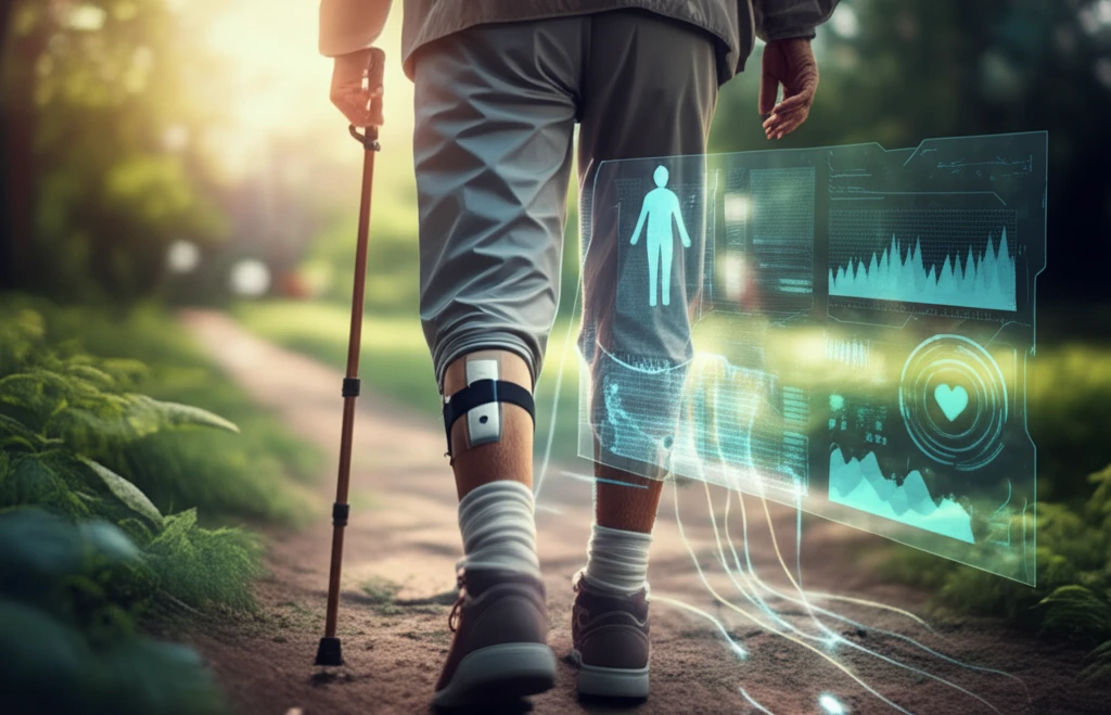 Wearable sensor tracking gait data on elderly person