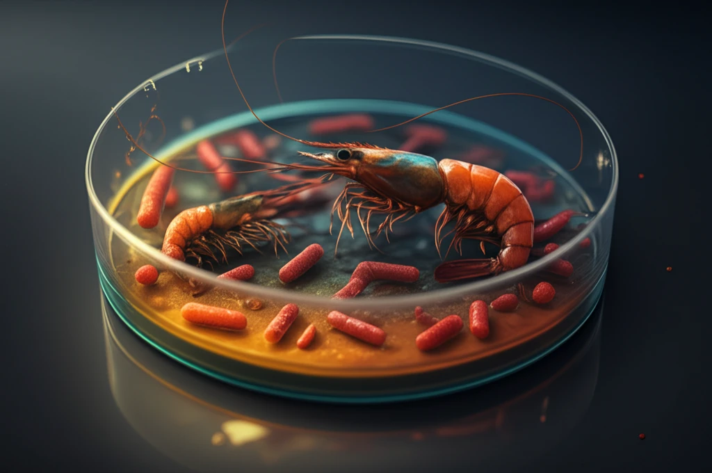 Surreal illustration of antimicrobial resistance in shrimp.