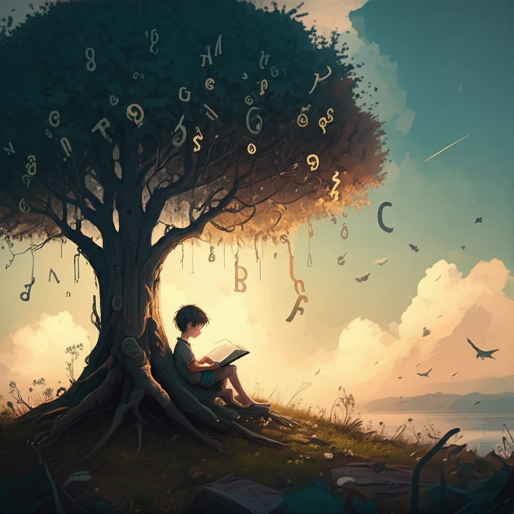 Child reading under alphabet tree
