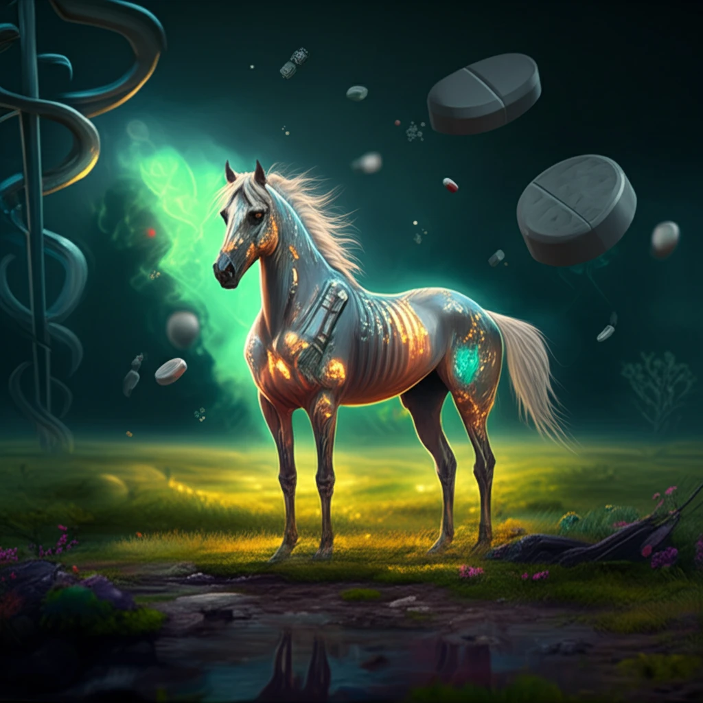 Surreal image of a horse with glowing bones, representing equine bone health.