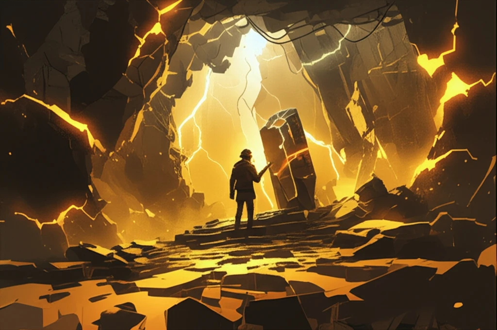 Surreal illustration of fractures within a gold mine, symbolizing hidden fault dynamics.