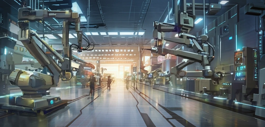 Futuristic factory floor showcasing mobile manipulators navigating complex pathways.