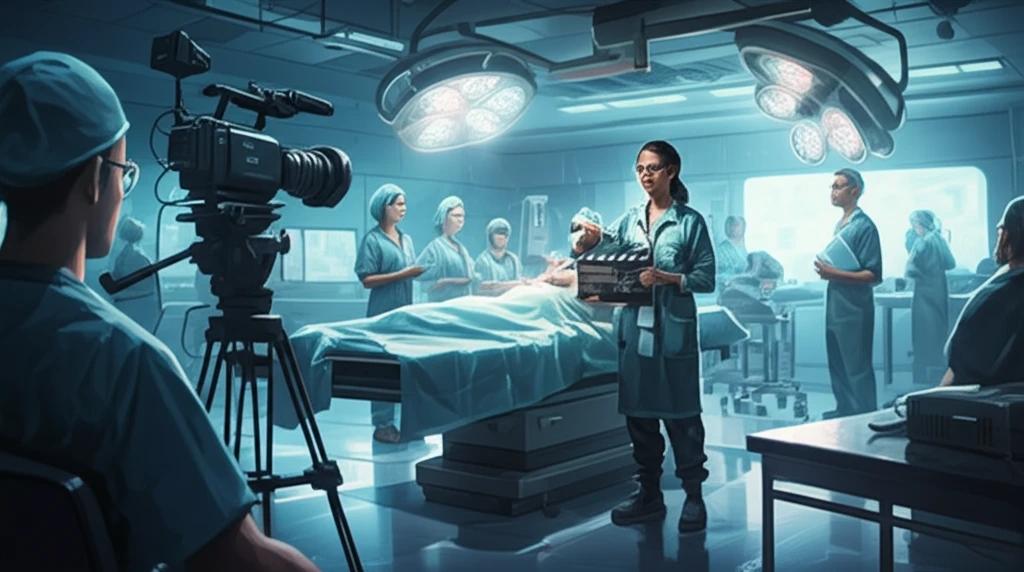 Medical students filming an educational video in a simulation lab.