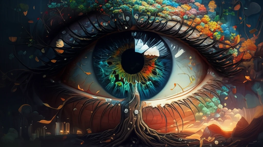 Symbolic image of healthy eye connected to vibrant tree of life, representing health and longevity.