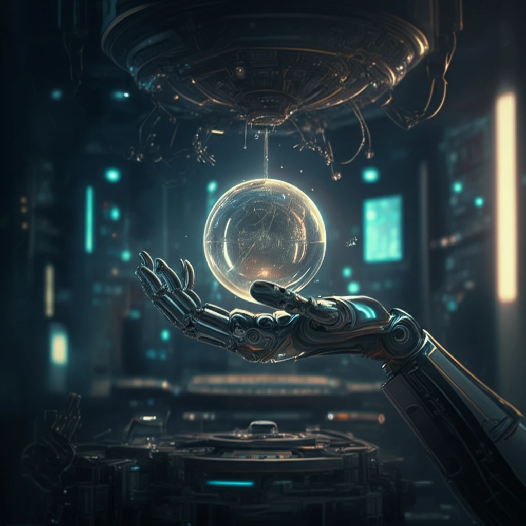 Robotic hand delicately holding a glass sphere in a futuristic factory.
