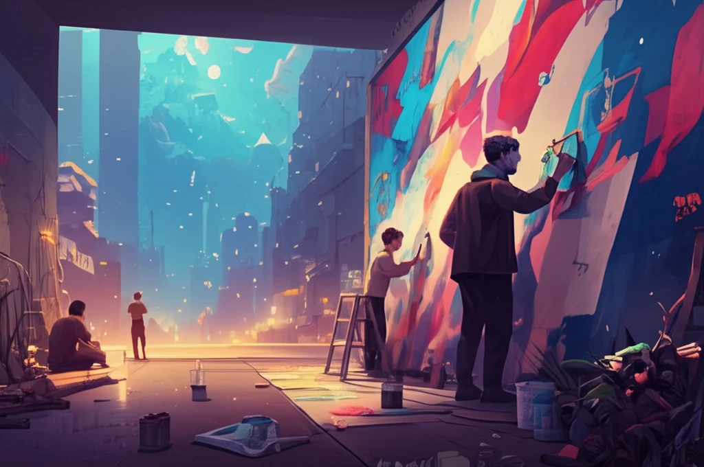 Collaborative mural painting in urban setting.