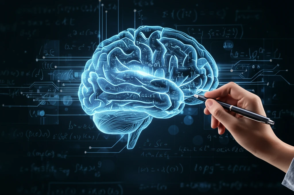 Brain with interconnected circuits writing equations.